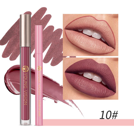 YOUNG VISION Lip Glaze + Lip Liner set liquid Lip Liner Waterproof non-stick cup Moisturizing easy color 12 color lip gloss