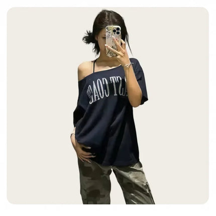 Women's American-Style Short-Sleeved T-Shirt, Summer Design, Finterest Slimming, Loose, Retro Off-Shoulder Top