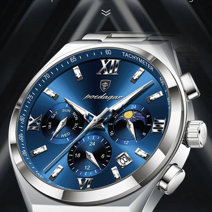 POEDAGAR Fashion Functional Men's Wristwatch Luminous Week Date Business Watch For Men Stainless Steel Sports Men's Quartz Watches