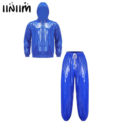 Mens Waterproof Sauna Outfit Glossy Sweat Suit Hooded Tracksuit Hooded Jacket with Jogging Track Pants for Fitness Training