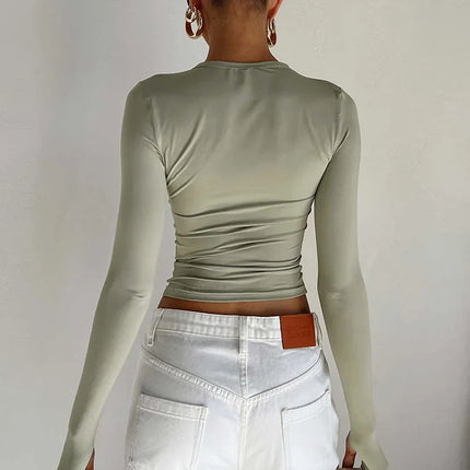 Fashion Women T-shirt Long Sleeve Crew Neck Solid Slim Fit Ladies Crop Top with Thumb Holes for Daily Streetwear Summer Camis
