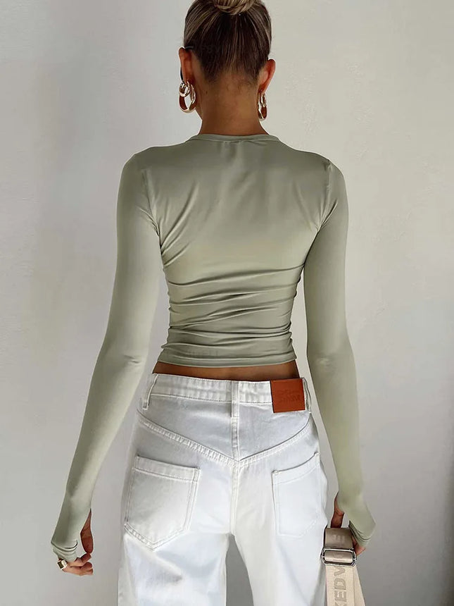 Fashion Women's Long Sleeve Crew Neck Solid Slim Fit Crop Top with Thumb Holes for Daily Streetwear Summer