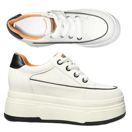 Fujin 9cm 3 inch comfortable platform sneakers for women Genuine Leather Women Vulcanized Shoes Platform High Heels Casual Shoes