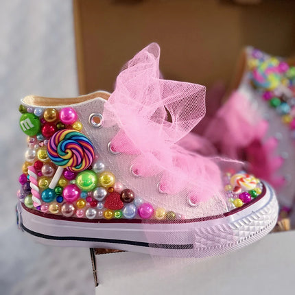Handmade Rhinestones Bling Girls Women Kids And Mother Candy Canvas Shoes Pearls Sneakers For Girl Birthday Party Wedding