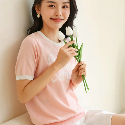 New women's short-sleeved 100% cotton knitted O-neck women's T-shirt Korean version fashionable hot selling top