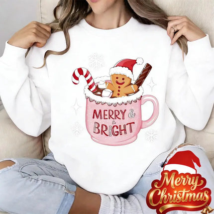 Funny Christmas Gingerbread Mug Print Sweatshirt Women's Round Neck Pullover New Autumn And Winter Party Casual Women's Clothing