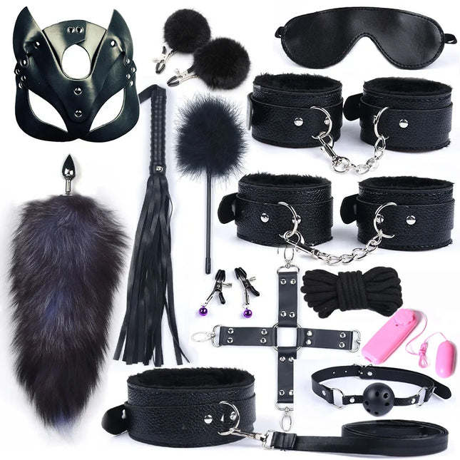 Women BDSM Bondage Sex Toys Bdsm Sex Bondage Set Handcuffs Whip 40CM Fox Tail Anal Plug Adult Games Sex Toys Kits