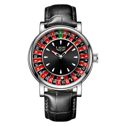 LIGE Fashion Brown Leather Men Watch Rotating Dial Las Vegas Roulette Desktop Theme Watch Men Waterproof Luminous Clock Watches