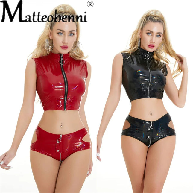 Sexy Wetlook Faux Leather Catsuit Latex Two-Piece Set Hollow out Bust Open Crotch Clubwear Fetish Hot Erotic Pole Dance Lingerie