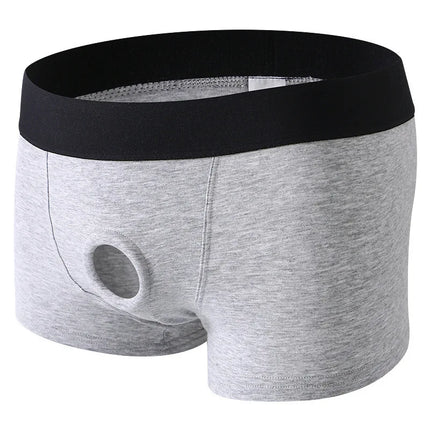Men Trunks Silicone Ring Boxer Panties Delay Lock Essence Hole Underwear Underpants Hollow Breathable Gay Tangas Hombre