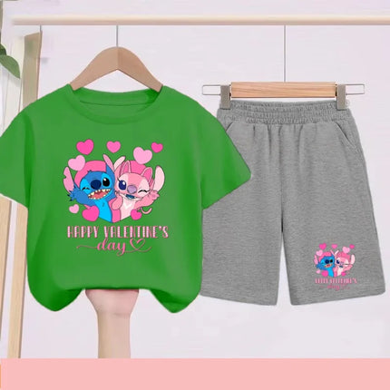 Disney 2026 Summer Round-neck Short-sleeved Set Girl Stitch Printed T-shirt Fashion Child Top+Shorts Casual Daily Sportswear Set