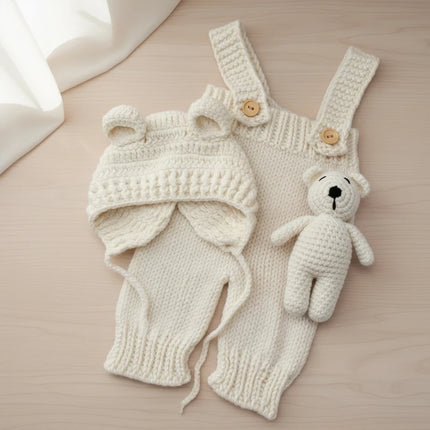 3pcs/sets Newborn Cute Bear Photography Clothing Hand-woven Romper Pants Hat Dolls Decor Props Baby Photoshoot Outfits