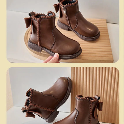 Girls Ankle Boots with Back Bow-knot Kids Short Boots Soft Sole 2025 New Girls' Princess Leather Boots with Warm Cotton Side Zip