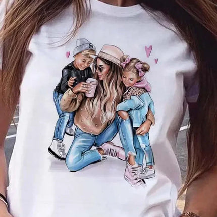 Cartoon Mom Son Daughter Printed Kids T-Shirt Summer Casual Harajuku Girls Boys Short Sleeve Fashion Cotton Children Clothes Tops