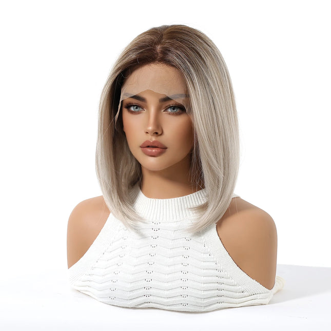 Topshe Short Bob 13x6 HD Lace Front Wig Ombre Blonde Straight Synthetic Wigs Glueless Pre-Plucked Heat Resistant Fiber Daily