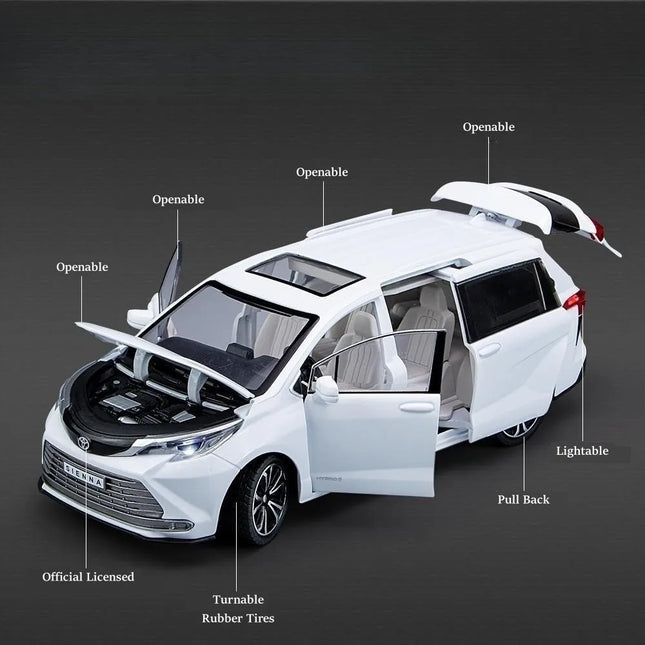 1/24 TOYOTA SIENNA MPV Van Diecast Toy Car Model Miniature Pull Back Sound & Light Doors Openable Collection Gift For Boyfriend