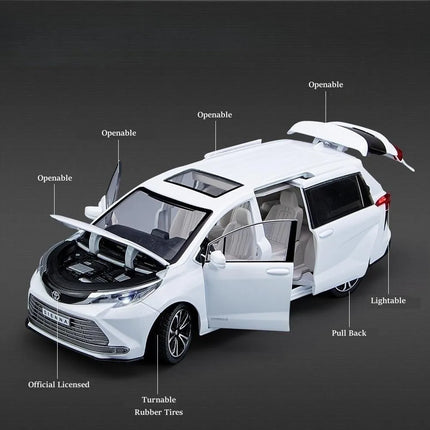 1/24 TOYOTA SIENNA MPV Van Diecast Toy Car Model Miniature Pull Back Sound & Light Doors Openable Collection Gift For Boyfriend