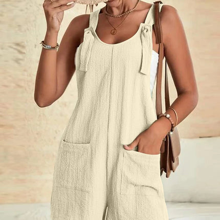 Women Summer Casual Short Rompers Elegant Solid Sleeveless Tie Knot Strap Jumpsuits Vintage Harajuku Loose Overalls with Pockets