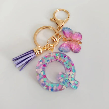 Fashion Butterfly Fringe Initial Keychain Drop Glue Blend Sequin A-Z26 Letter Keychain Cute Ladies Student Bag Accessory Gift