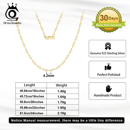 ORSA JEWELS 14K Gold 925 Sterling Silver 1.8mm Paperclip Neck Chain Fashion Link Chain Necklaces for Women Dainty Jewelry SC39