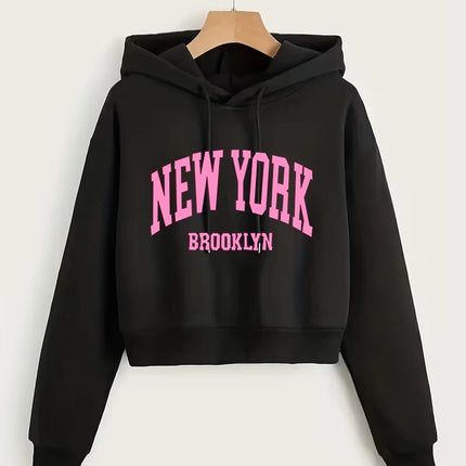 Fashion New York Brooklyn Print Autumn Winter Cropped Sweatshirt Crop Top Hoodie Y2k Sweatshirts Gothic Casual Style Clothes