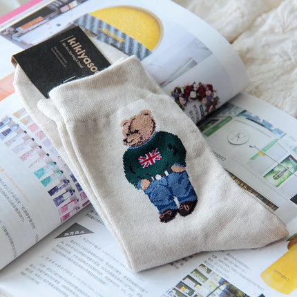 Cute Trendy Cartoon Bear Mid-Calf Cotton Socks for Women Casual Sweater Adult Female Bear Socks Comfortable Breathable Home Wear