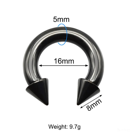 1Pc Large Gauge Black Stainelss Steel Horseshoe Ring with Spike Circular Barbell Piercing Nose Rings Cone Piercing Septum Rings