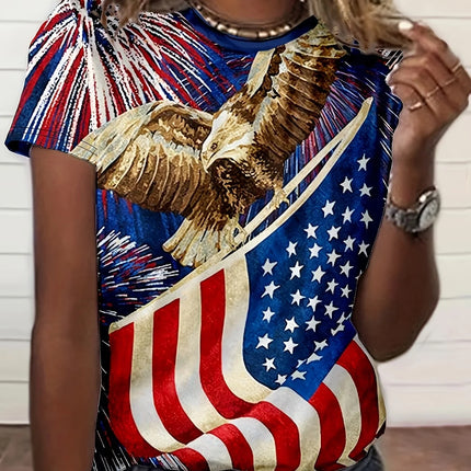 Women's American Flag & Bald Eagle Print T-Shirt Casual Short Sleeve Crew Neck Patriotic Graphic Tee for Summer