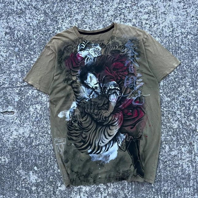 Affliction Wu Song Fights the Tiger T-shirt Men China Style Retro Gothic Short Sleeves Y2K Street Tops