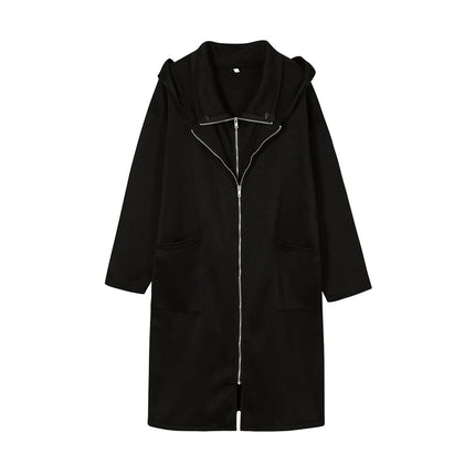 2024 Hooded Pocket Sweater Zipper Mid Length Fake Two Piece Loose Coat for Women