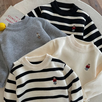 2025 Winter Girls Boys Casual Cute Embroidery Bear Thick Warm Fleece Knitting Sweaters Four Colors