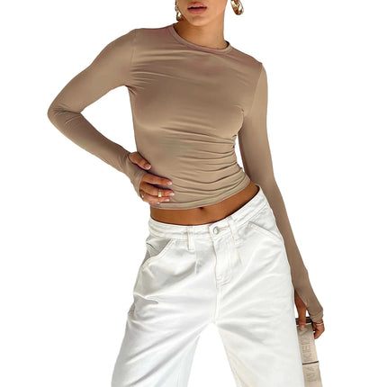 Basic Crewneck Casual Crop Tops for Women Y2K Solid Skinny Long Sleeve Slim Fit Stretchy Cropped Tees T-Shirts with Thumb Holes