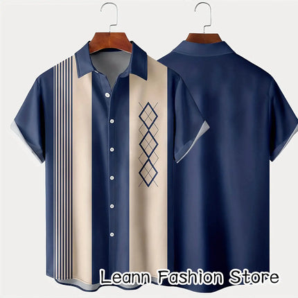 Men's Summer Poker Symbol Stripe Print Shirt Casual Beach Short Sleeve Clothing Male Button Lapel Collar Shirt Fashion Leisurewear