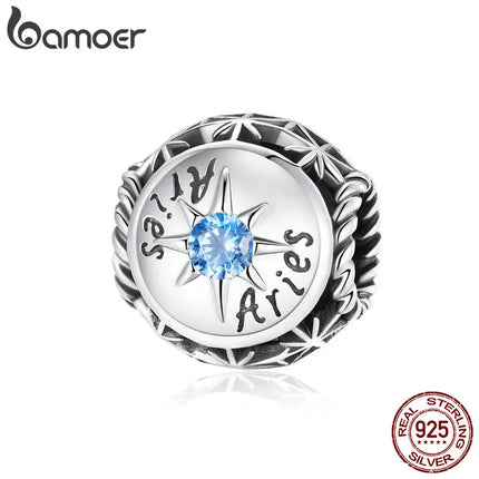 BAMOER Zodiac Star Sign 925 Sterling Silver Charm Beads Fit for Charm Bracelets, 12 Constellations Cubic Zirconia Charm SCC1725