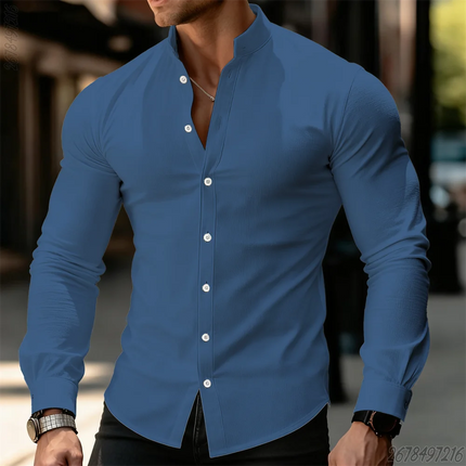21 New Colors Men's Solid Color Long-Sleeved Stand Collar Shirt, Comfortable, Casual, Business, High-Quality, Elegant Men's Top