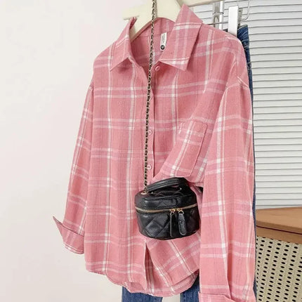 Retro Hong Kong Style Loose Long Sleeve Pink Plaid Shirt Women's Autumn Summer Lazy Slimming Casual Versatile Outerwear Top