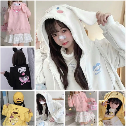 Sanrio Kawaii Pompompurin Cinnamoroll Hooded Hoodie Cardigan Coat Anime Kuromi Cute Costume Jacket Spring Loose Girls Student