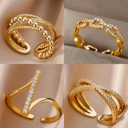 Zircon Geometric Rings For Women Gold Color Stainless Steel Opening Ring Luxury Wedding Party Aesthetic Jewelry Gift Femme 2024