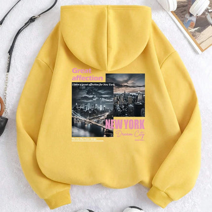 New York Dream City Printed Hoodies Casual Fashion Women Pullover Fleece Warm Pocket Sweatshirt Sporty Oversize Street Clothes