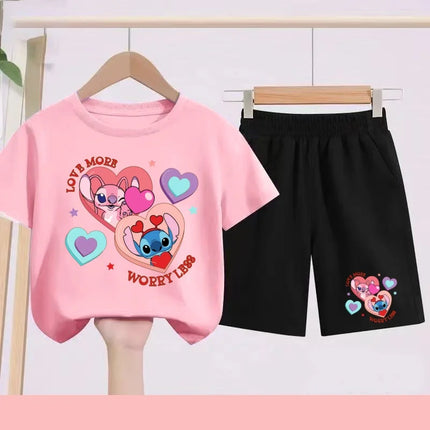 Disney 2026 Summer Round-neck Short-sleeved Set Girl Stitch Printed T-shirt Fashion Child Top+Shorts Casual Daily Sportswear Set