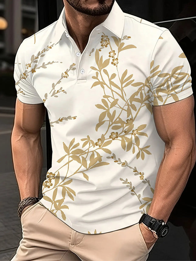 Men's Short Sleeved Polo Fashion Golf Rice White Gold Plant Style Wallpaper Fashion Casual Men's 3D Digital Printing