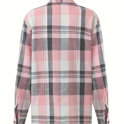 Women Plus Size Fashion Plaid Printed Shirt Casual Loose Long Sleeved Shirt  Lapel Design Shirt Tops