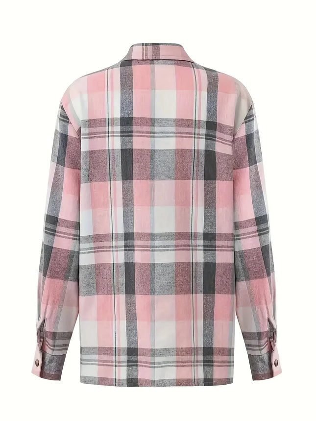 Women's Plus Size Plaid Printed Shirt Casual Loose Long-Sleeved Shirt Lapel Design Shirt Tops