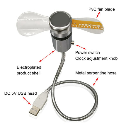 Clock Fans USB Powered Small Night Light Real Time Display Hand Mini USB Fan Flexible Gooseneck LED Clock for Laptop PC Notebook