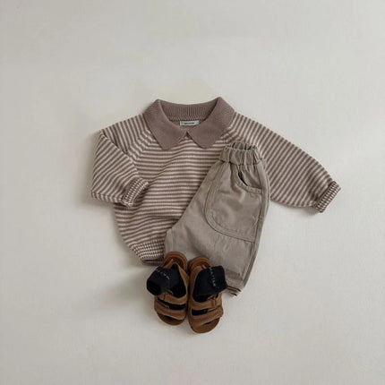 2026 Spring Children Sweatshirt 1-6Y Turn Down Collar Kids Cardigan Classic Striped Boys Jacket Sweaters Girls Knit Pullover