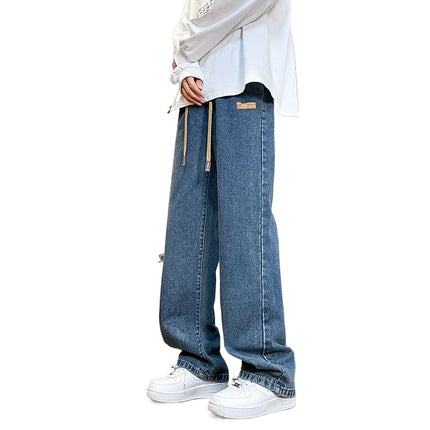 Branded Men's Baggy Jeans Classic Drawstring Loose Casual Straight Pants College Students Daily Versatile Blue Pants