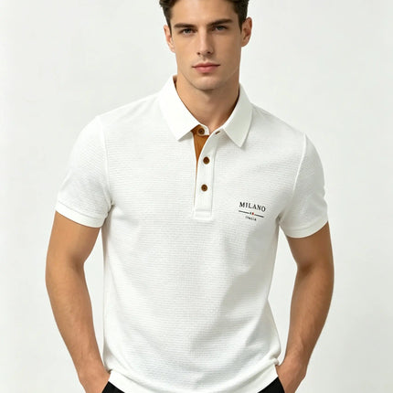 Mens Milano Italia Letter Jacquard Polo Shirt Breathable Quick Dry Fabric Casual Business Outdoor Daily Short Sleeve Top