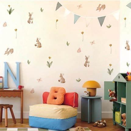 Summertime Watercolor  Cute Bunnies and Flowers Nursery Wall Decal, Peel and Stick  Reusable and Removable Kids Wall Stickers