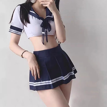 Sexy Ladies Babydoll Erotic Crotchless For Bed Pornographic Lace V Hollow Open Uniform Dress Sex Student Lingerie Set JK Costume