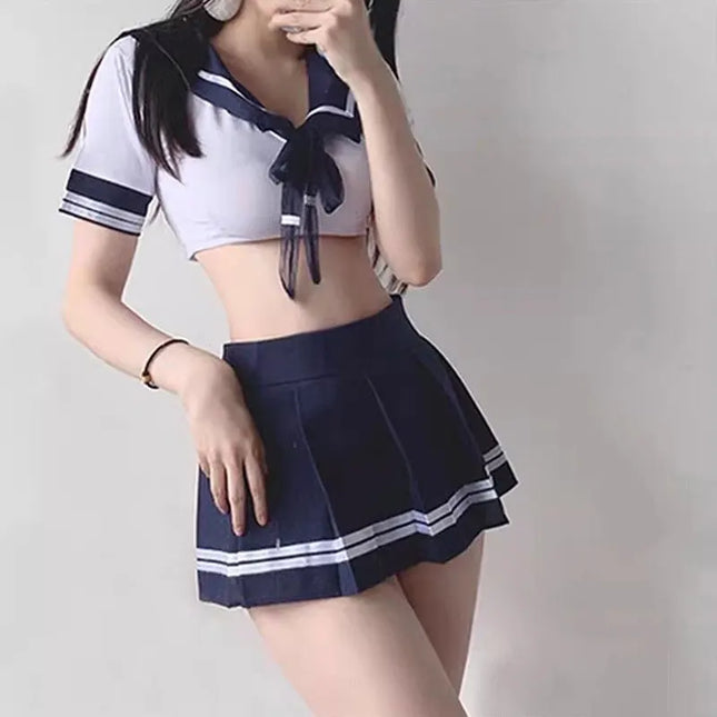 Sexy Ladies Babydoll Erotic Crotchless For Bed Pornographic Lace V Hollow Open Uniform Dress Sex Student Lingerie Set JK Costume